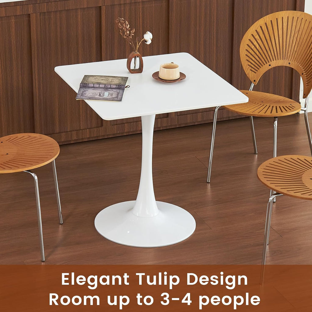 Square Dining Tulip Table for 4, Mid-Century Modern Table with Sturdy Metal Pedestal for Kitchen, Bistro, Cafe, Leisure (White, 27.6 INCH)
