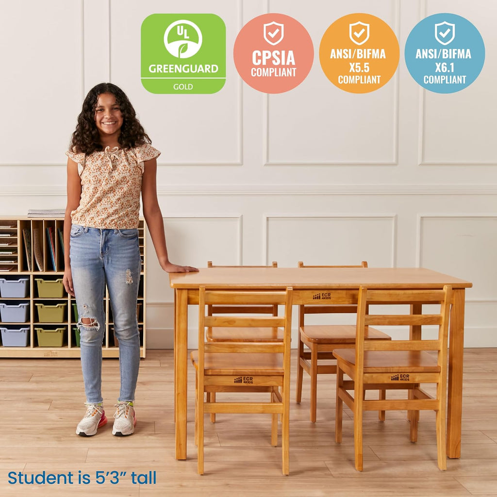 ECR4Kids 24in x 48in Rectangular Hardwood Table with 28in Legs and Four 16in Chairs, Kids Furniture, Honey, 5-Piece | Durable rubberwood, GREENGUARD Gold Certified, ANSI/BIFMA Compliant, 10-12 years, 200 lb seat capacity, classroom & home use