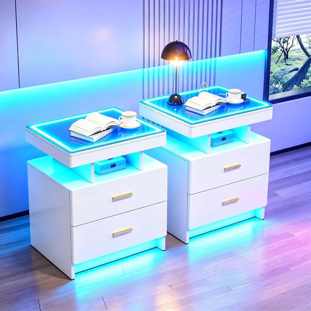 LED Nightstand Set 2 with Charging Station,Motion Senor,White | Night Stand with 2 Drawers,Glass Top Smart BedSide Table,Modern End Table Side for Bedroom,Living Room,Office