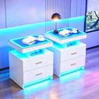 LED Nightstand Set 2 with Charging Station,Motion Senor,White | Night Stand with 2 Drawers,Glass Top Smart BedSide Table,Modern End Table Side for Bedroom,Living Room,Office