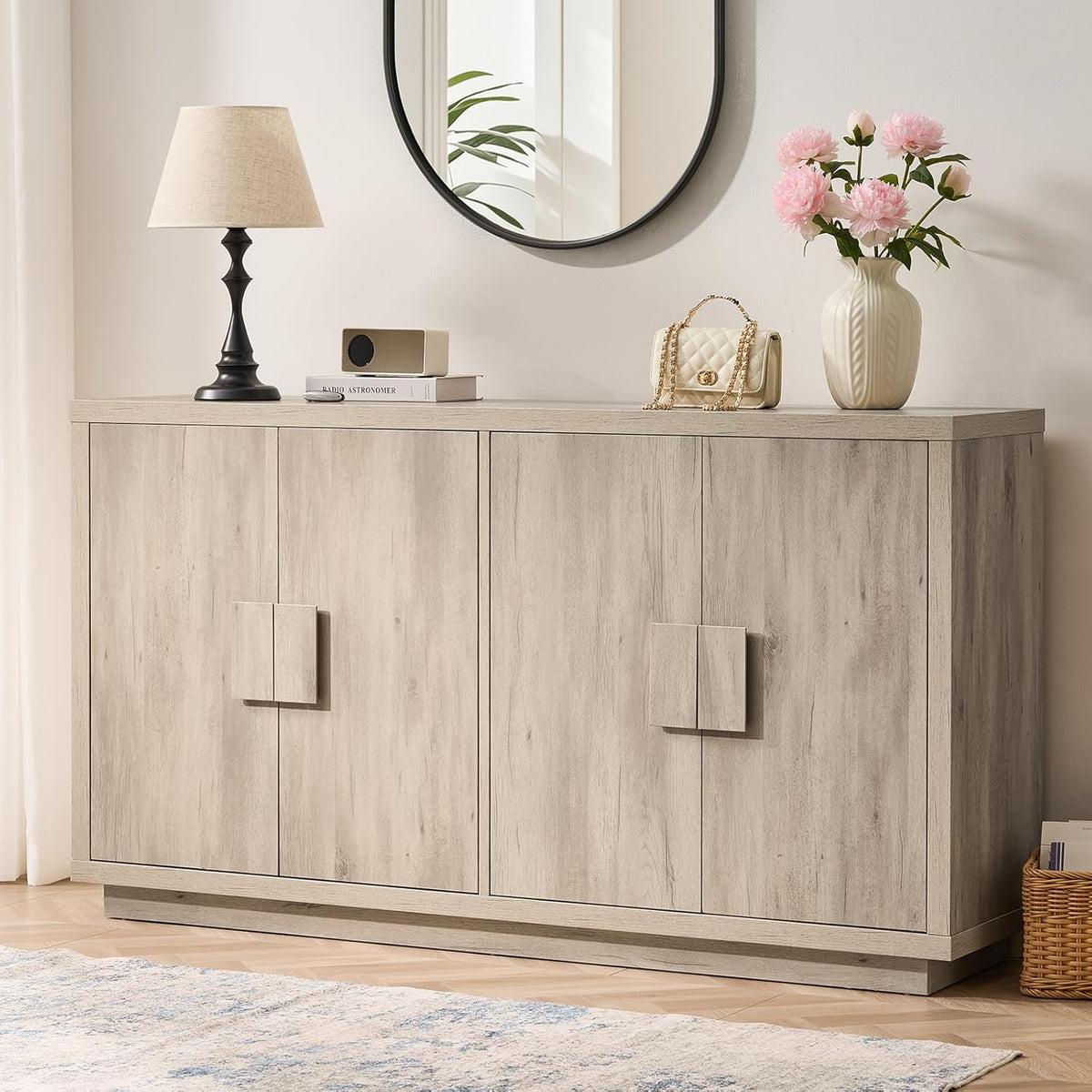 ONBRILL Buffet Cabinet with Storage, 63" Sideboard Cabinet with 4 Doors & Shelves, Wooden Kitchen Coffee Bar Credenza Storage for Living Room, Hallway (63" Wide), Light Grey