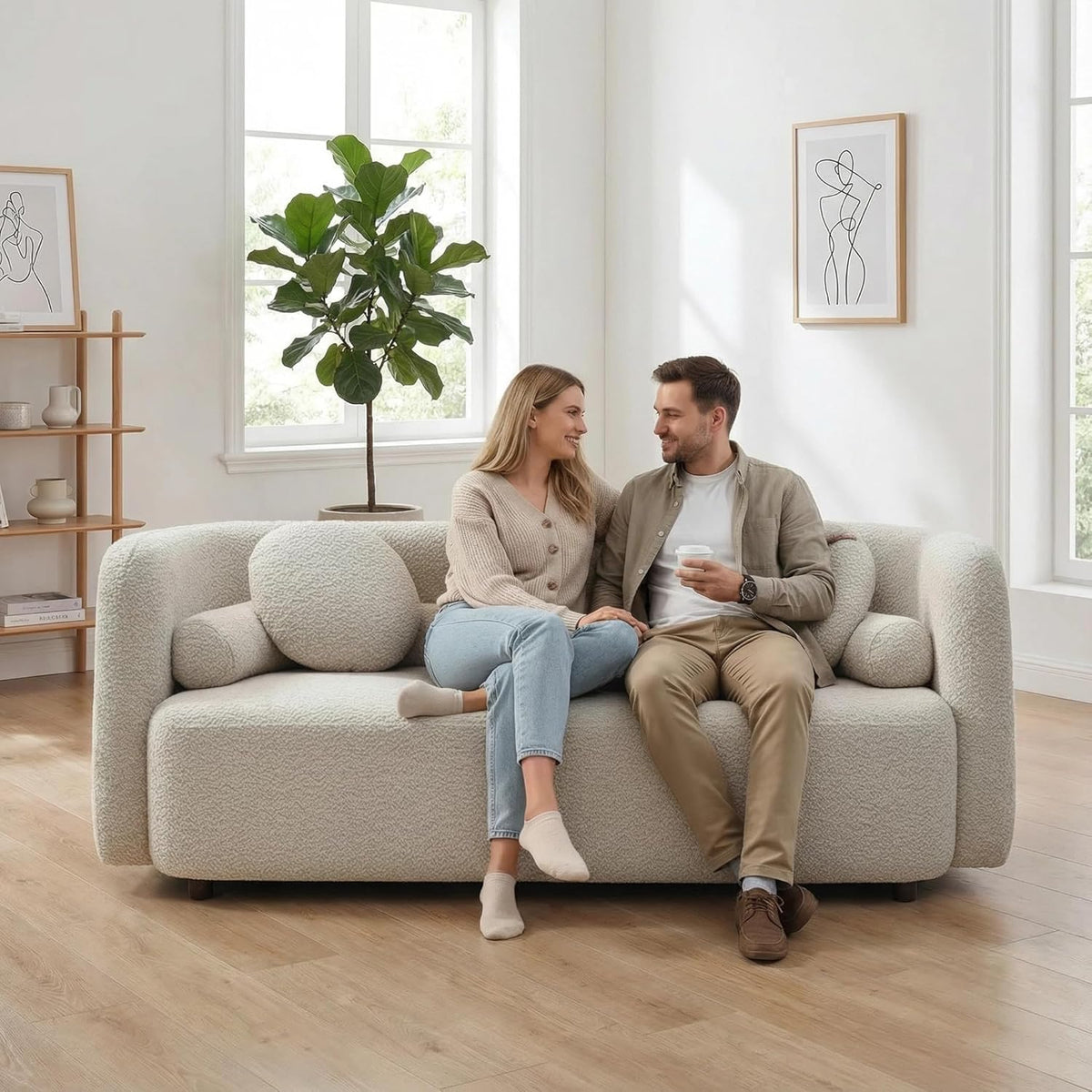 69" Compact Curved Sofa for Small Spaces & Apartments, Japandi Style Boucle Couch, Minimalist 2-Seater Sofa with Solid Wood Frame, Modern Living Room Couch with Pillows