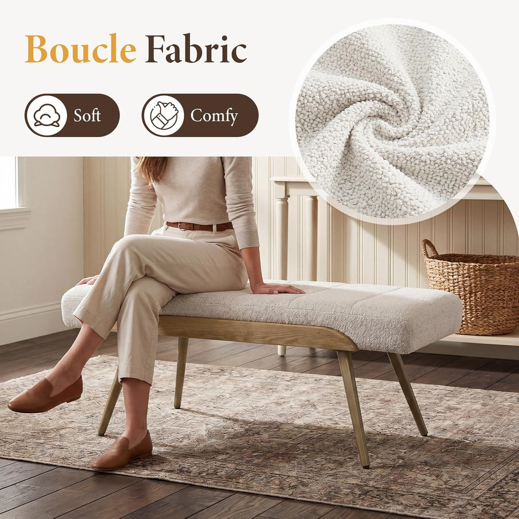 CIMOTA Mid-Century Modern Upholstered Bench, Channel Tufted Boucle Ottoman Bench with Solid Wood Trim and Bronze Metal Legs, 35.5" Accent Bench for Bedroom, Entryway, Living Room, End of Bed, Beige