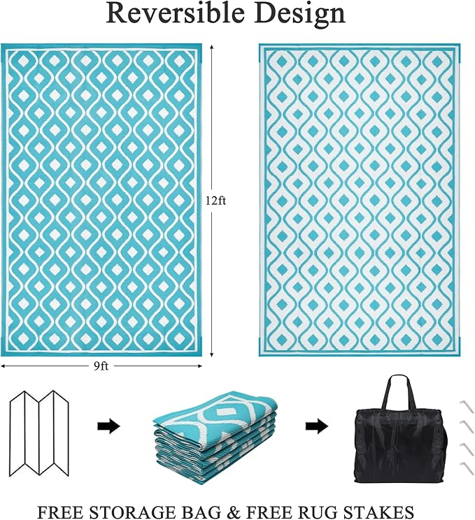 Pauwer Waterproof Outdoor Rug 9x12, Reversible Plastic Straw Patio Camping Rug, Indoor Outdoor RV Mat Carpet for Deck, Camper, Porch, Balcony, Backyard, Picnic, Geometric Teal