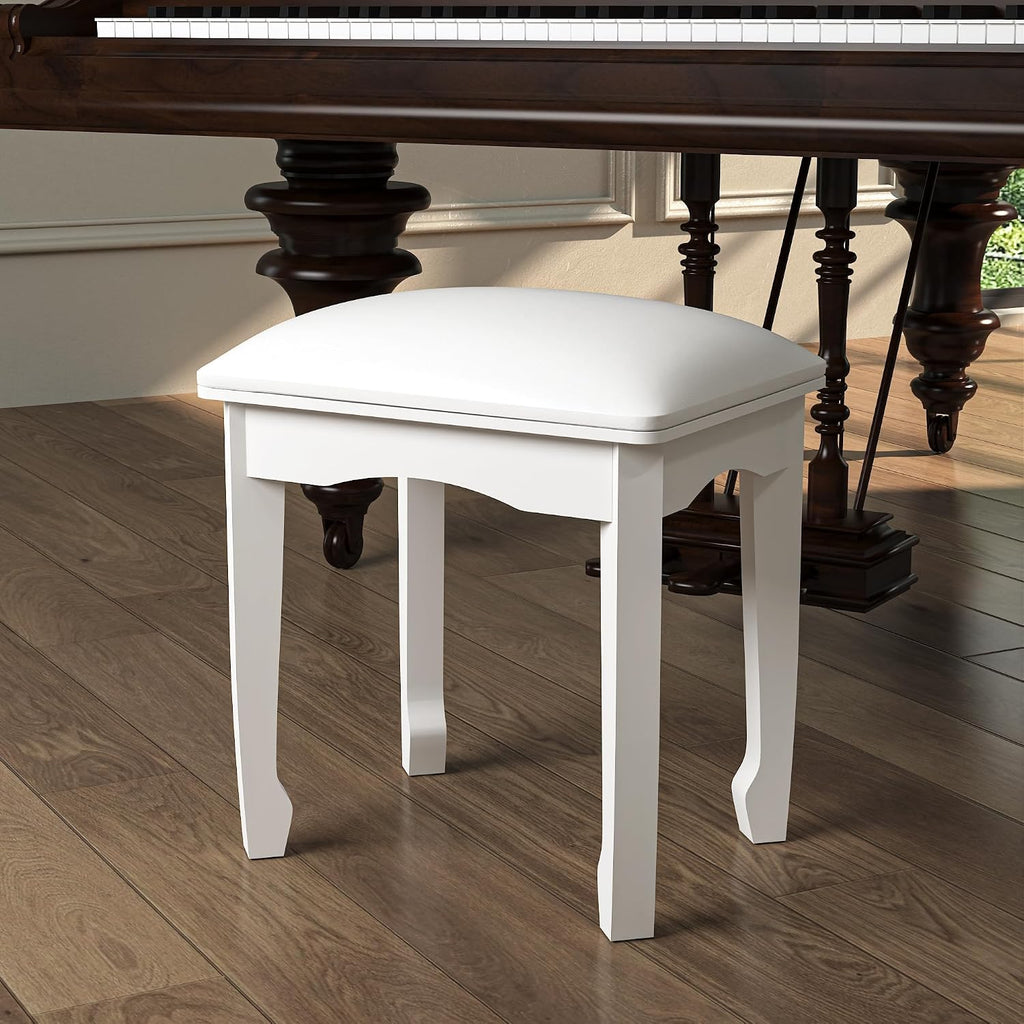 White Vanity Stool Bench, Padded Seat Cushion for Makeup Room | Minimalist Style | Solid Wood Frame | High Elastic Sponge | Waterproof PU Leather | Scratch-proof Feet | Easy 5-min Assembly