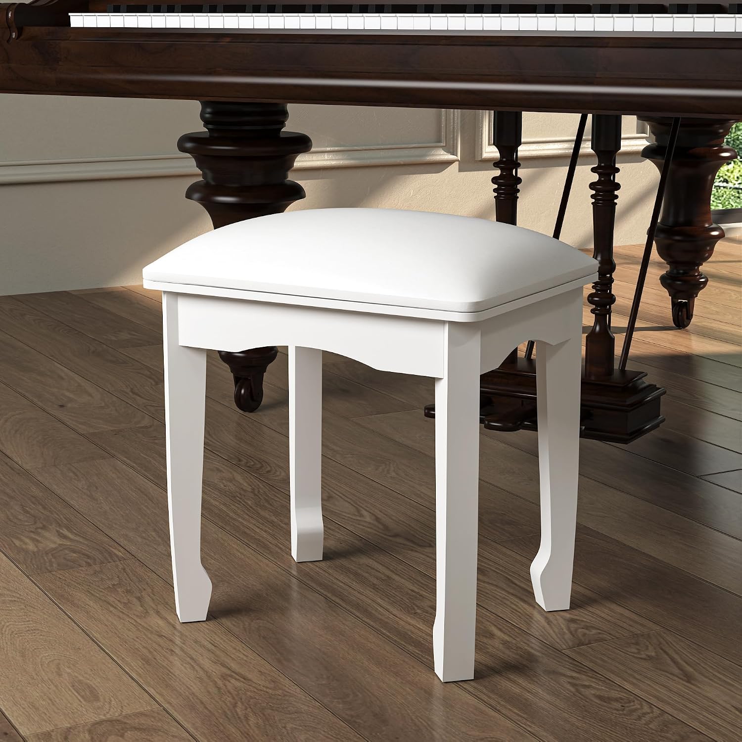 White Vanity Stool Bench, Padded Seat Cushion for Makeup Room | Minimalist Style | Solid Wood Frame | High Elastic Sponge | Waterproof PU Leather | Scratch-proof Feet | Easy 5-min Assembly