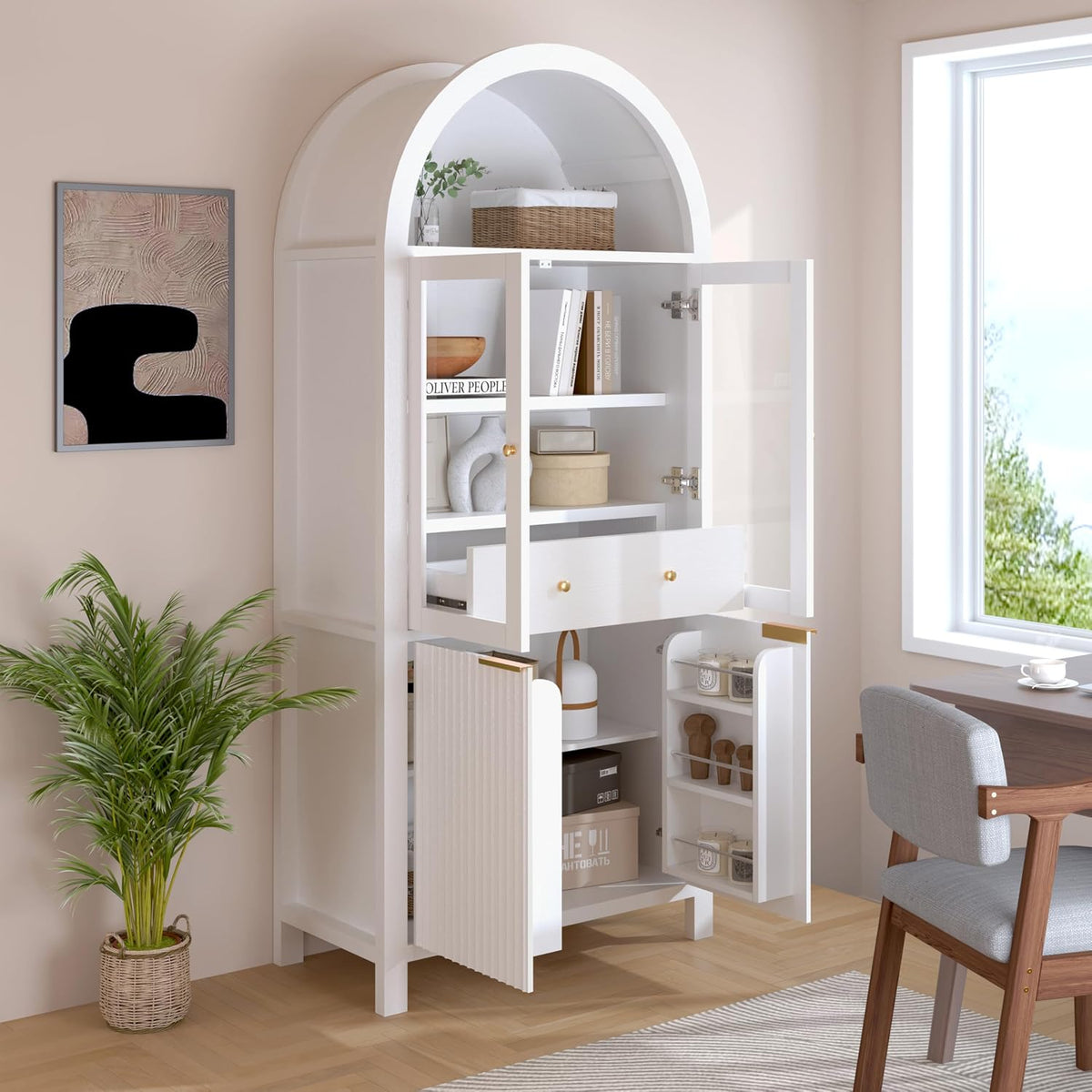 71" Fluted Tall Arched Kitchen Pantry with Glass Door, Farmhouse Storage Cabinet with Adjustable Shelves & Hidden Drawer for Kitchen, Living Room, Dining Room, White