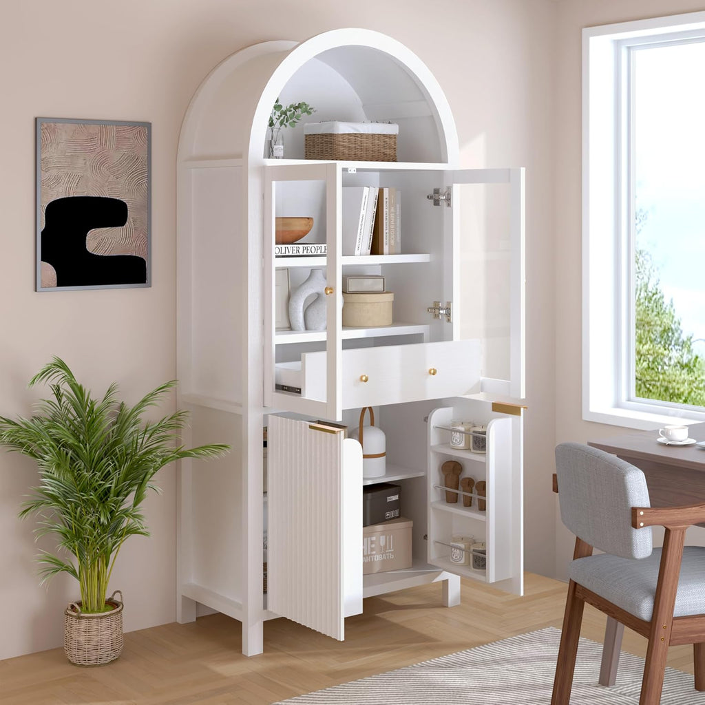 roomfitters 71" Tall Arched Pantry Cabinet with Fluted Glass Doors & Hidden Drawer, 4-Door Display Cupboard, White