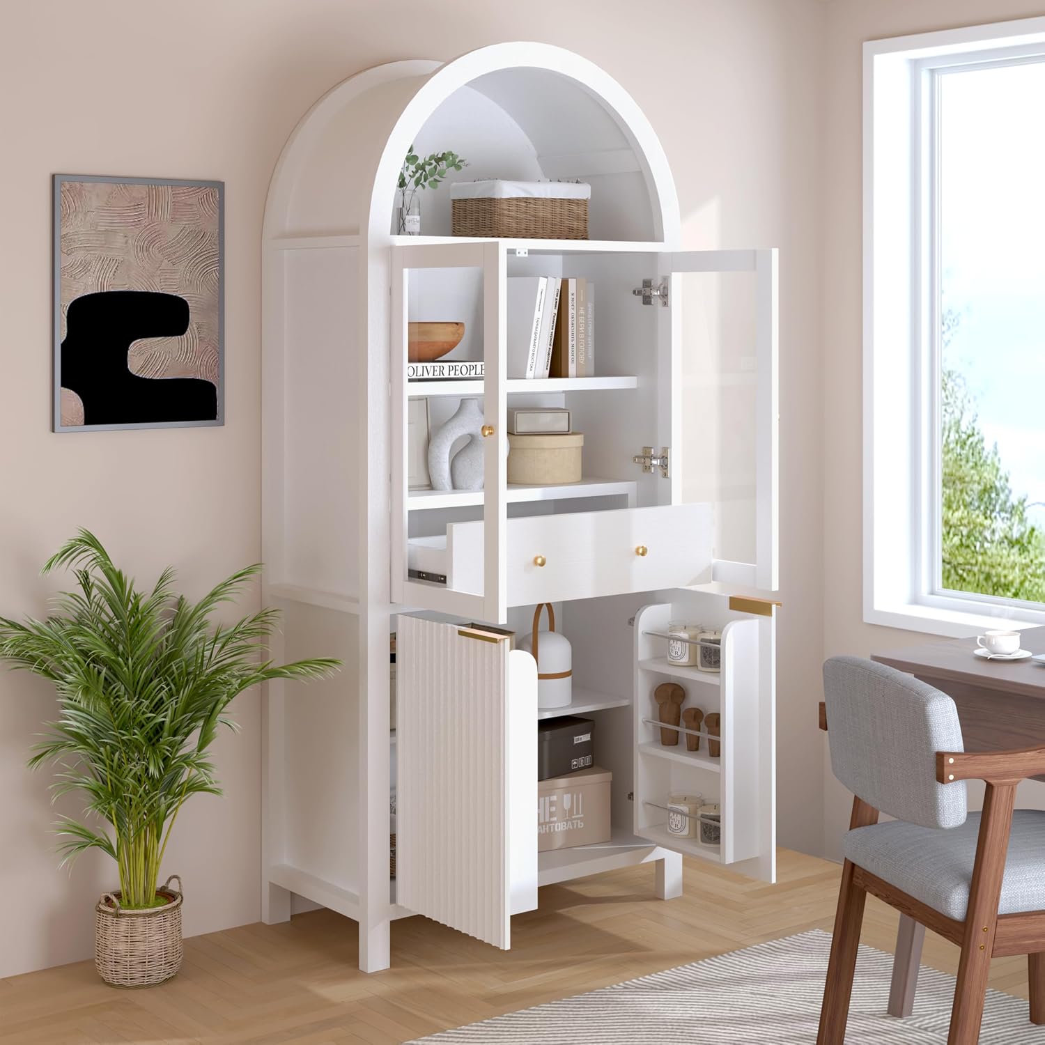 roomfitters 71" Tall Arched Pantry Cabinet with Fluted Glass Doors & Hidden Drawer, 4-Door Display Cupboard, White