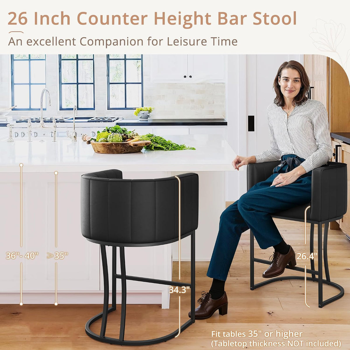 LUE BONA 26.4" H Counter Height Bar Stools Set of 2, Modern Barrel Counter Stools with Supporting Backrest and Arms, Black Metal Frame, Faux Leather Upholstered Barstools for Kitchen Islands, Black