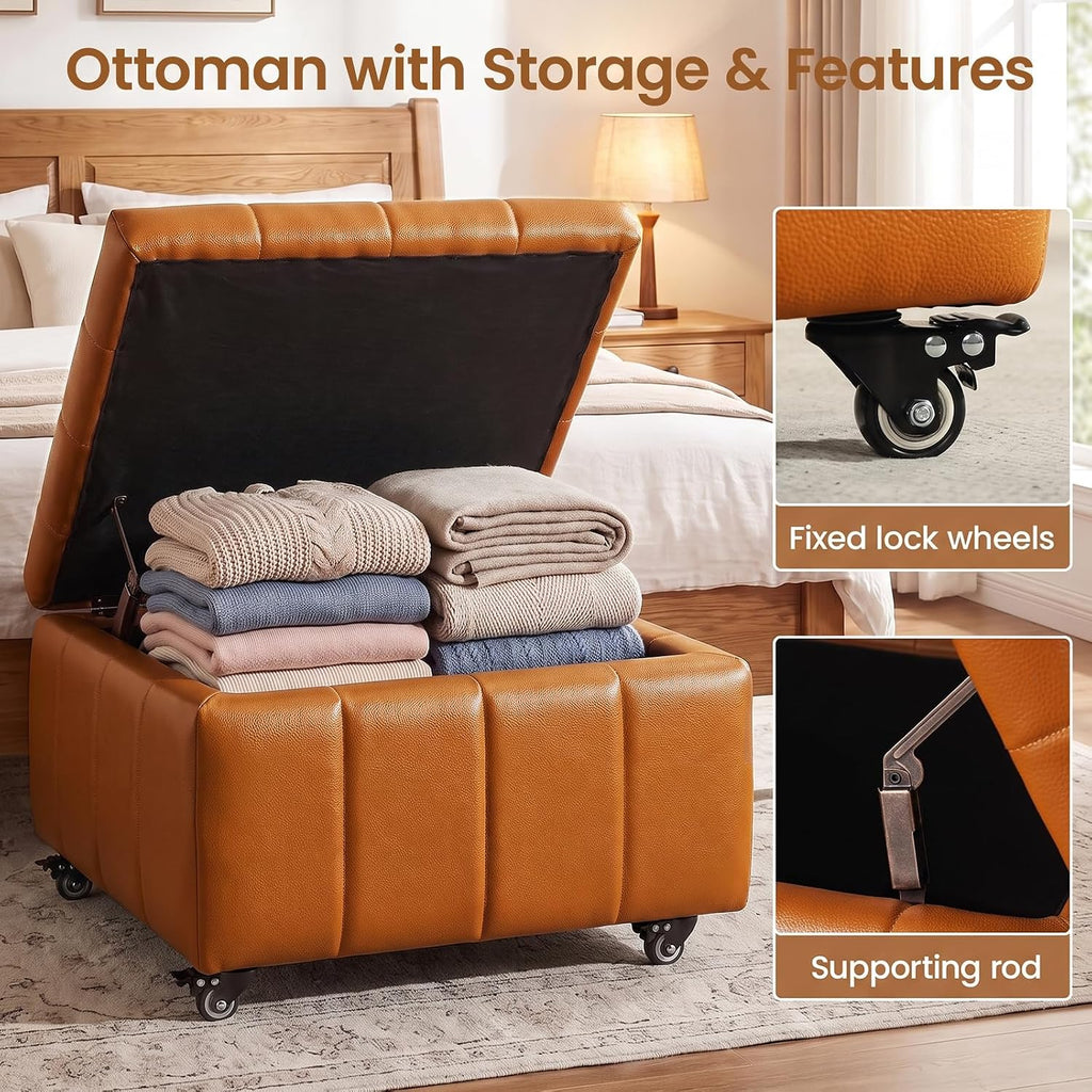 Square Leather Ottoman with Storage and Wheels,360°Rolling ottoman,Faux Leather Flip Top Storage Footstool Coffee Table, Rolling Upholstered Storage Ottoman for Living Room Entryway Bedroom (Brown)