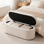 Teddy Sherpa Storage Ottoman Bench End of Bed, White | Modern Boucle, Oval Design, Safety Hinge Lid, Hidden Storage, Window Seat, Living Room, Bedroom, Entryway, No Assembly