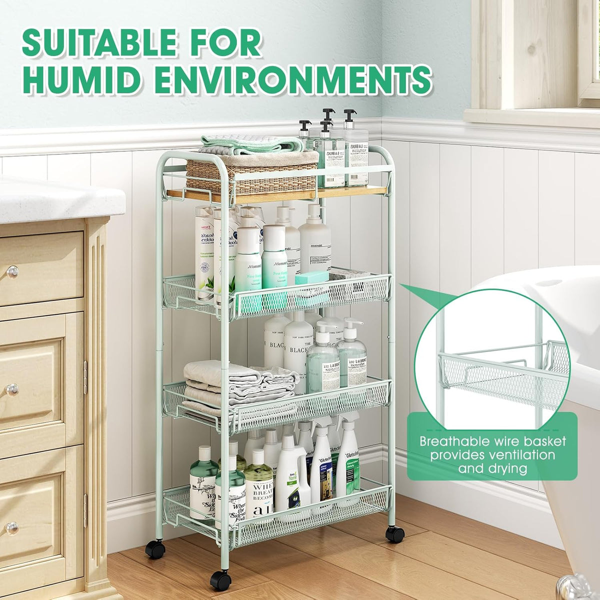 TOOLF 4-Tier Rolling Cart, Metal Utility Cart, Slide Out Storage Cart with Wooden Tabletop and Mesh Baskets for Narrow Space on Kitchen Bathroom Laundry Room Bedroom Apartments Dormitory (Green, Wide)