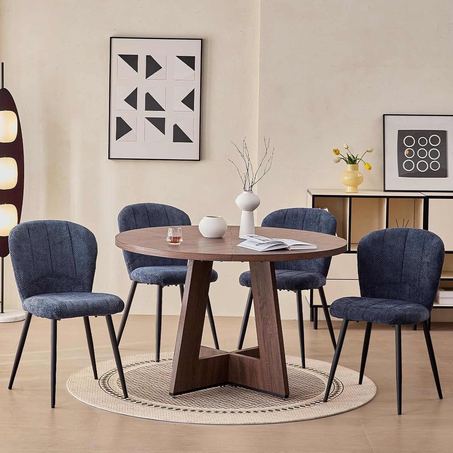Dining Chairs Set of 4, Upholstered Chenille Fabric Kitchen Chairs with Wingback and Metal Legs, Elegant Tufted Accent Chair Vanity Chair for Dinner Bedroom Living Room, Blue