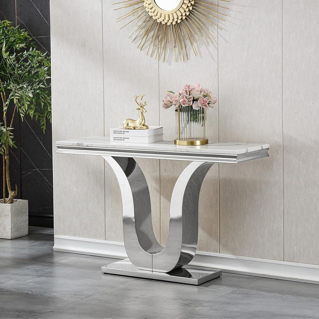 SSLine Modern White Faux Marble Console Table Luxury Entryway Table with Silver Pedestal Base 46.8" Mid-Century Elegant Sofa Table w/Mirrored Stainless Steel Frame for Living Room Hallway