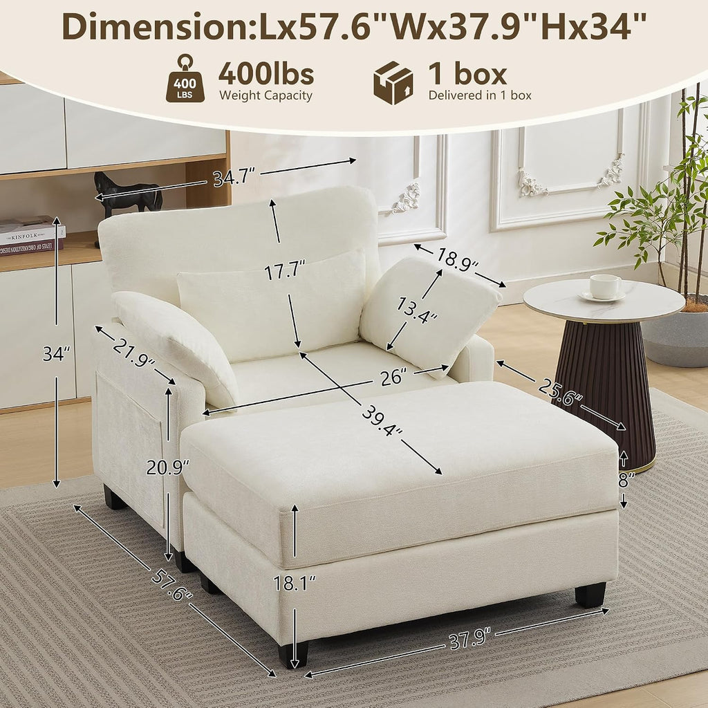 WUTUTUEE 57.5" Oversized Chaise Lounge with Ottoman Indoor, White Reading Chair with Ottoman & Sofa Bed, Chenille Upholstered Comfy Sleeper Chair for Living Room, Bedroom, Office