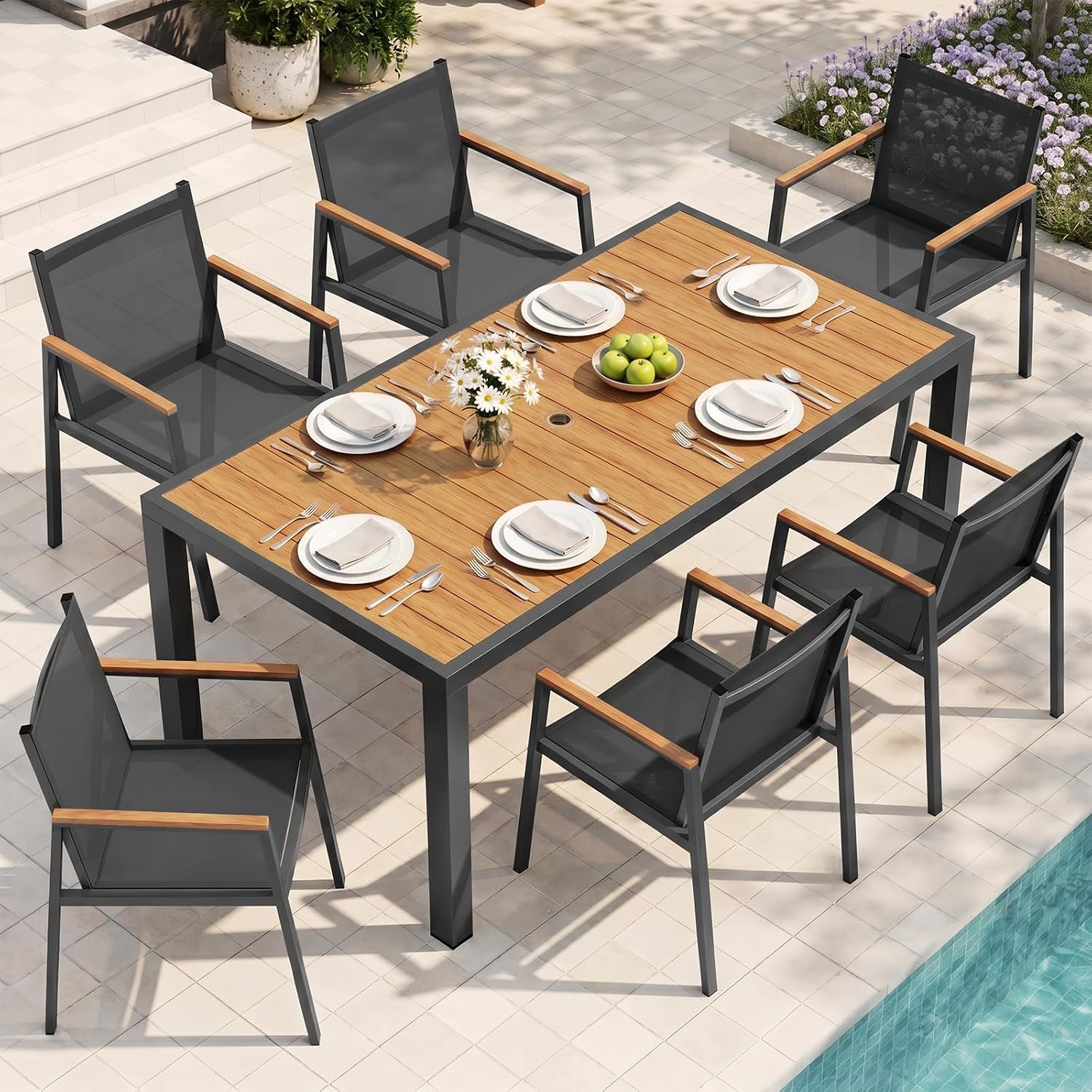 Outdoor Dining Set, 7 Piece Aluminum Patio Table and Chairs Set, All Weather Patio Dining Furniture Set with Umbrella Hole for Backyard, Deck, Poolside (Gray-Teak)