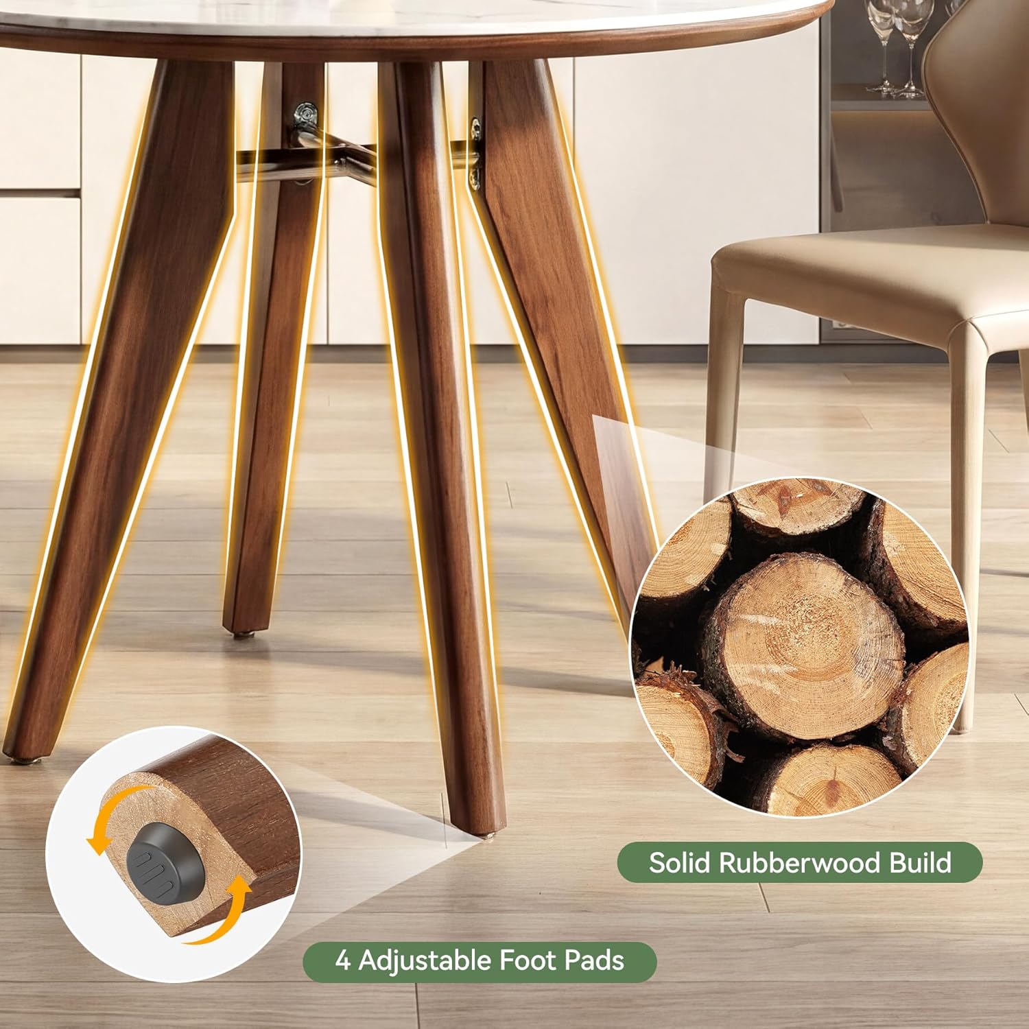 31.5" Round Dining Table, Modern Sintered Stone Kitchen Table with Solid Wood Legs for Dining Room, Living Room, Small Space, Glossy White & Brown