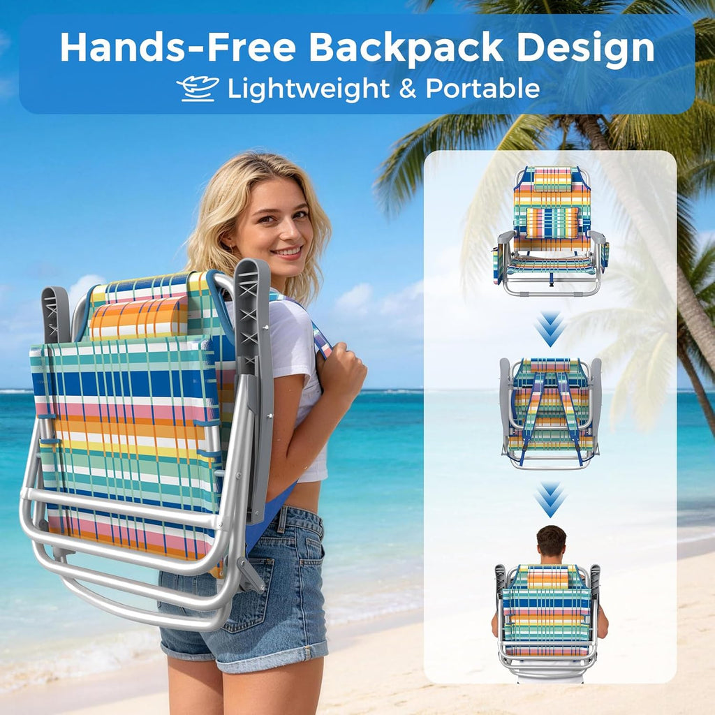 5-Position Backpack Beach Chair for Adults with Lumbar, Foldable Tall Heavy-Duty Beach Chairs with Cooler Bag,Cup Holder,Towel Rack for Beach, Camping, Outdoor