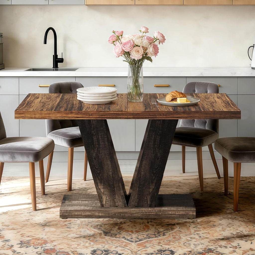 Oigavfd 47 Inch Dining Table, Rectangular Kitchen Table for 4 with Heavy Duty Pedestal Base, Modern Farmhouse Wood Dining Table for Dining Room, Kitchen, and Small Space (Black and Brown)