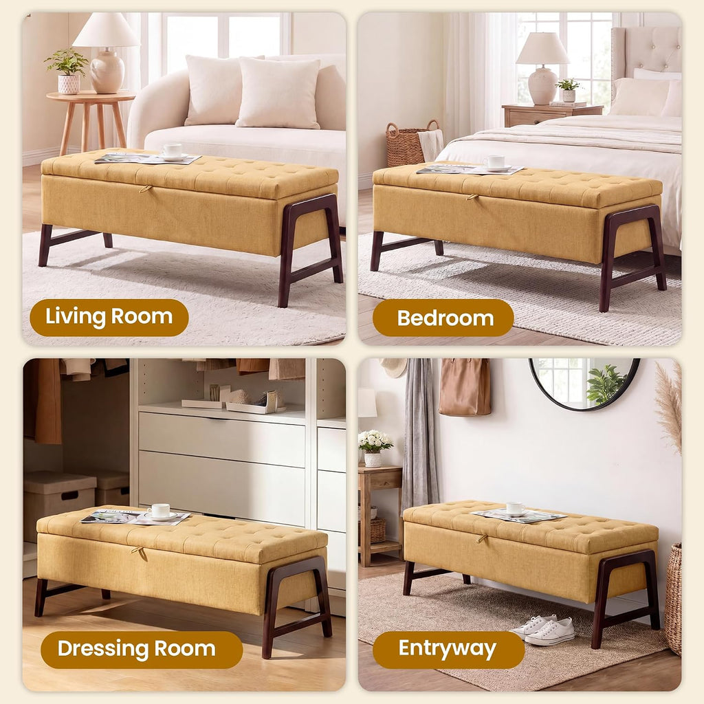 48" Ottoman with Storage,Storage Ottoman Bench with Hinge, Upholstered Entryway Bench with Seating for Bedroom, Living Room,Yellow