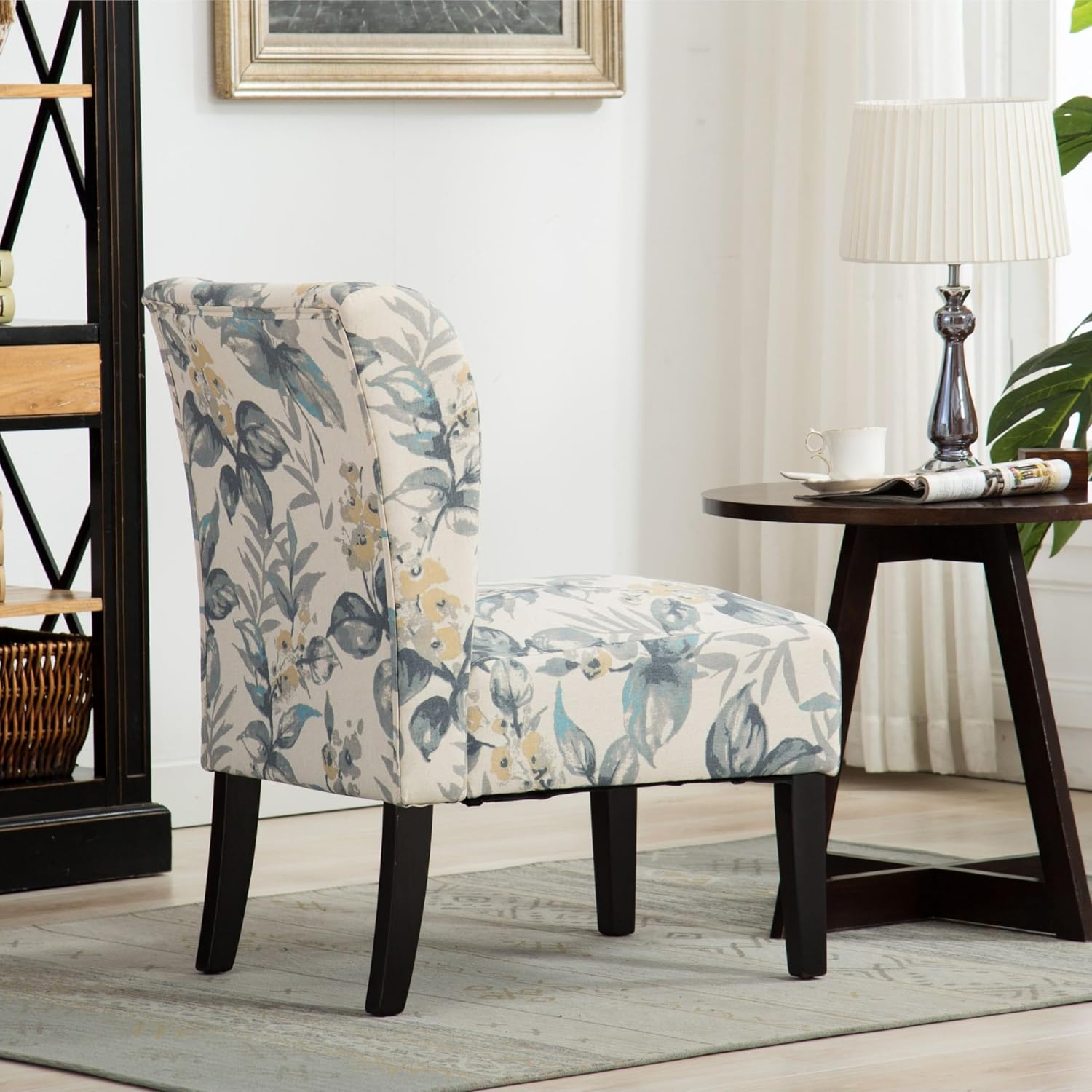 Roundhill Furniture Capa Print abric Armless Contemporary Accent Chair, Blue Leaves