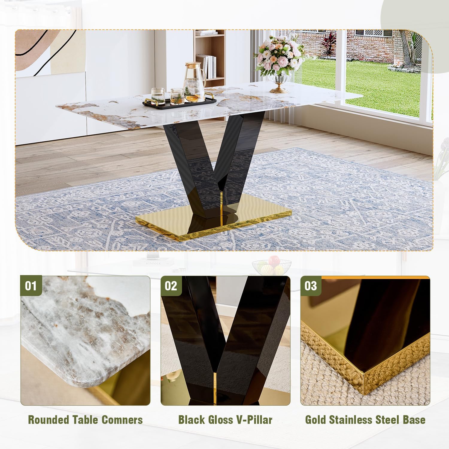 71'' Dining Table Set for 6,Modern Dining Room Table Set for 6,Marble Dining Table with 6 PU Leather Dining Chairs,Gold Dining Room Table with Glossy V-Shaped Base Ideal for Kitchen