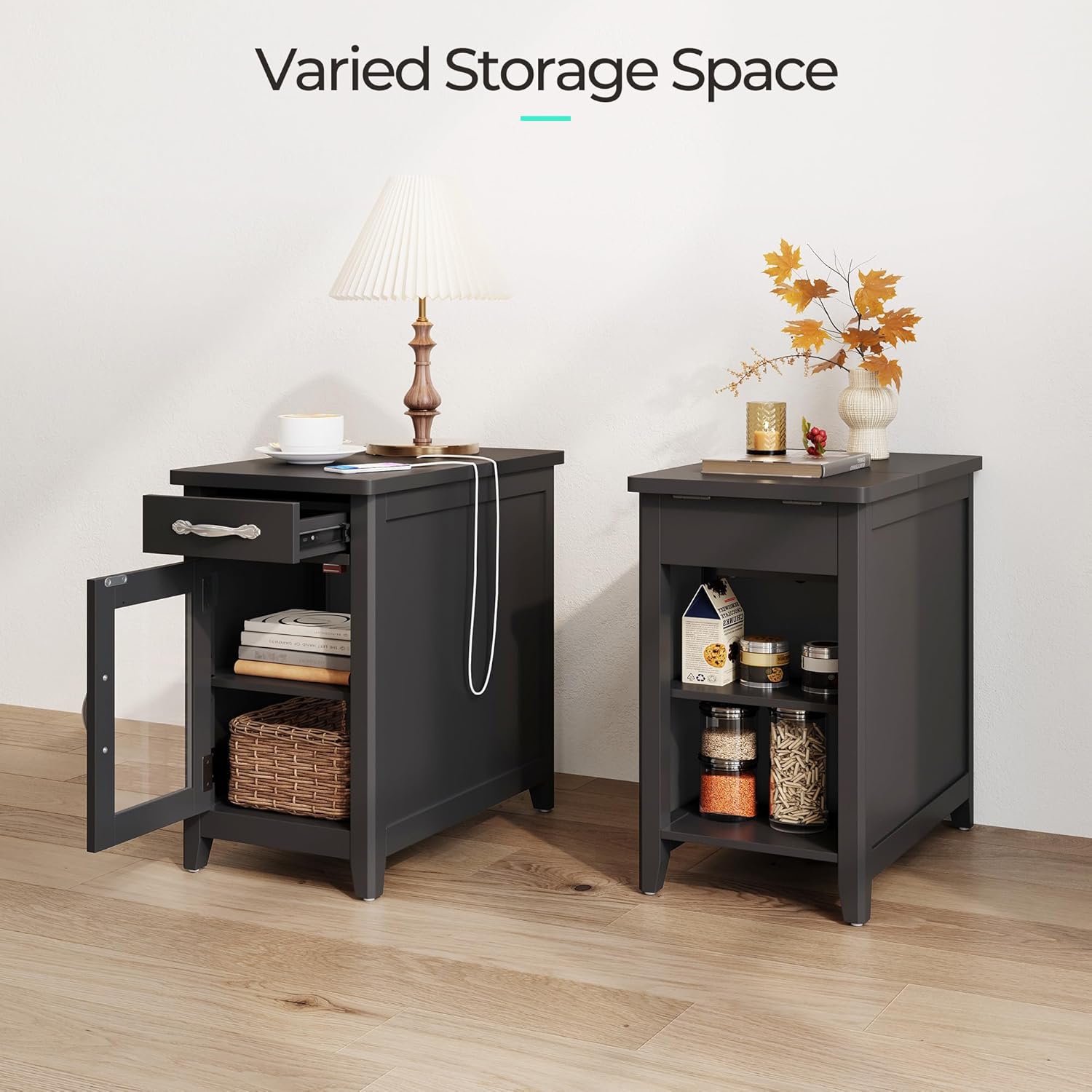 LINSY Home End Table with Charging Station, Updated Farmhouse Flip Top Side Table with Cup Holder, Storage Drawer and Glass Door, Wooden Narrow Bedside Nightstand for Living Room, Bedroom, Black