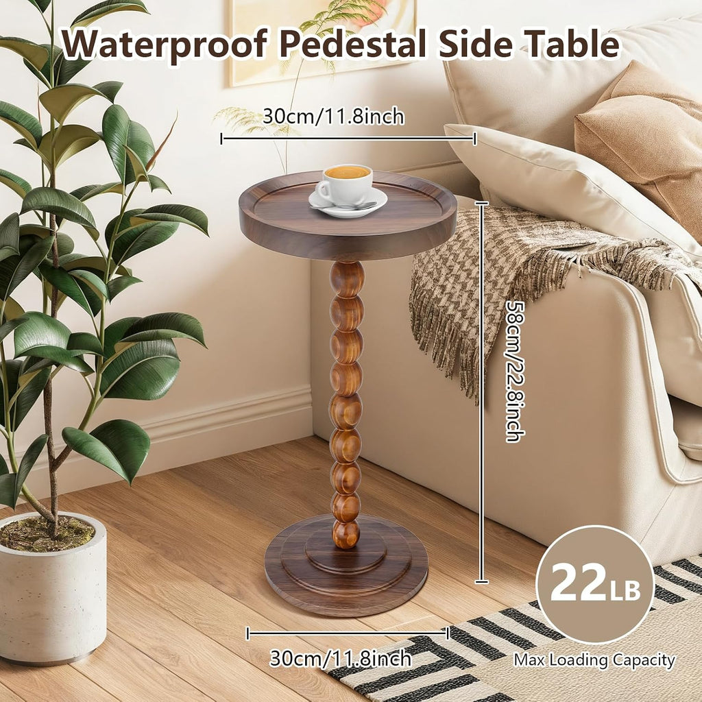 Small Round Side Table, Drink Tables for Small Spaces, Pedestal Side Table with Solid Wood Leg, Modern Accent End Table for Living Room, Mini Coffee Table, Balcony, Easy Assembly (Walnut)