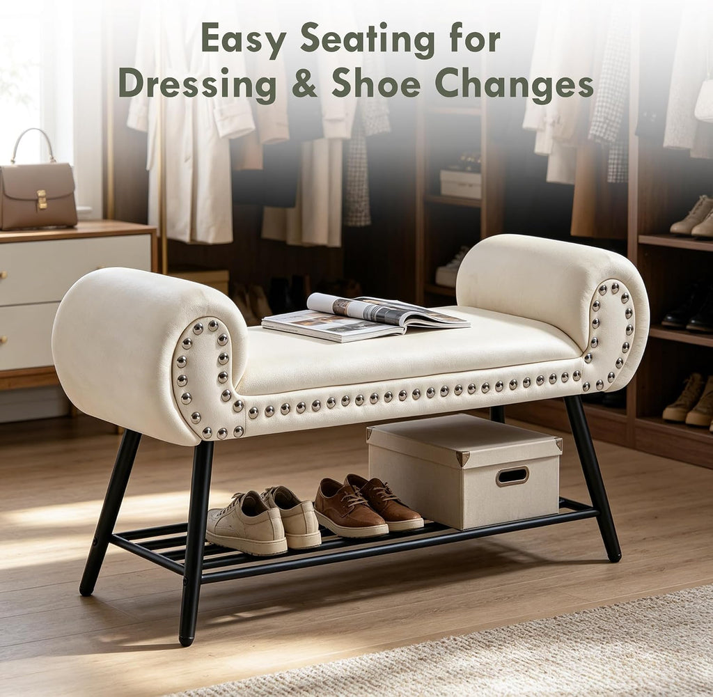 45" Entryway Bench with Shoe Storage，Modern Bedroom Velvet Fabric Upholstered with Stable Metal Frame and Solid Shelf for Bedroom, Living Room，Foyer, 330LB, Cream