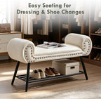45" Entryway Bench with Shoe Storage，Modern Bedroom Velvet Fabric Upholstered with Stable Metal Frame and Solid Shelf for Bedroom, Living Room，Foyer, 330LB, Cream