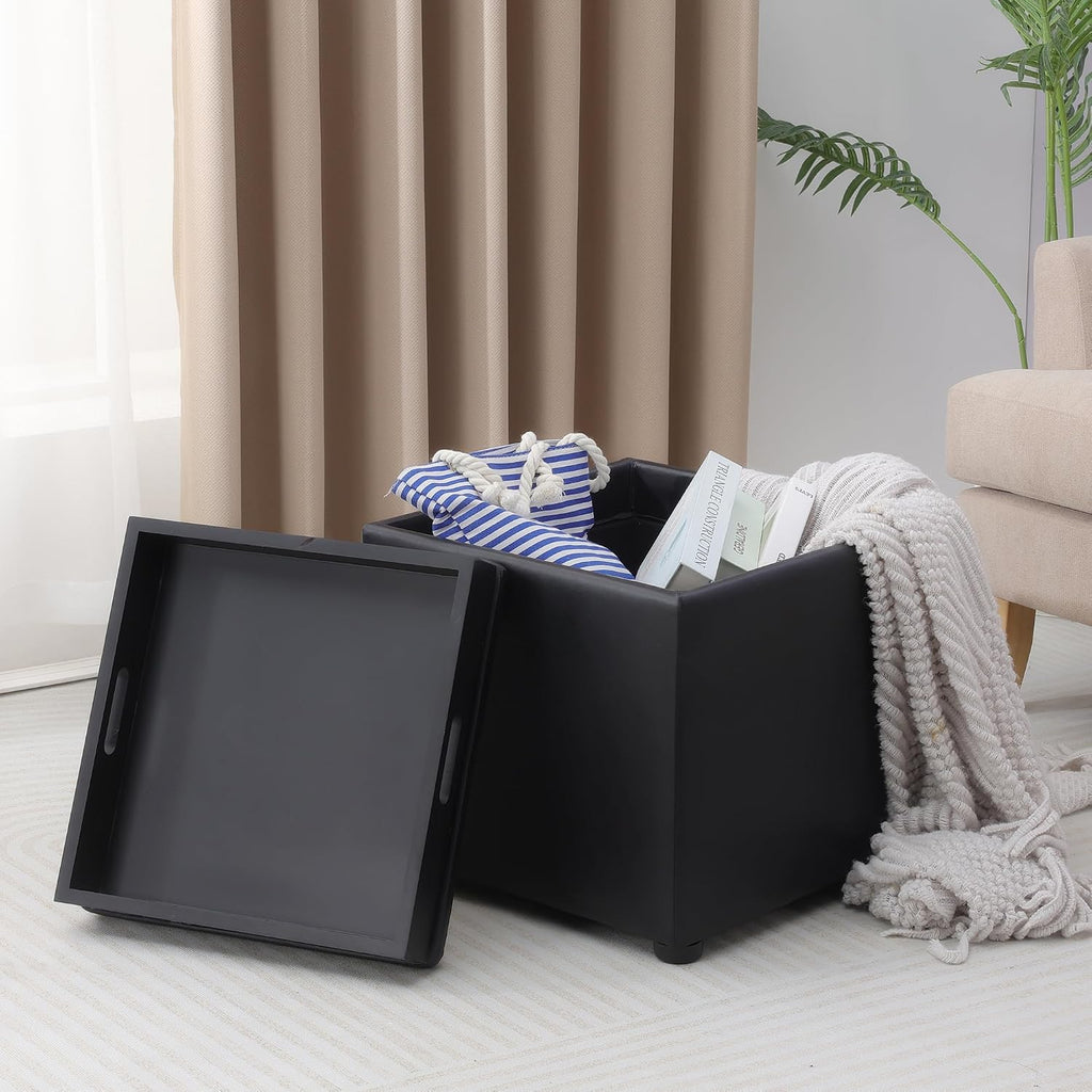 Adeco 17" Black Storage Ottoman Cube with Tray Lid, Small Footstool with Storage, Square End Table for Living Room & Bedroom