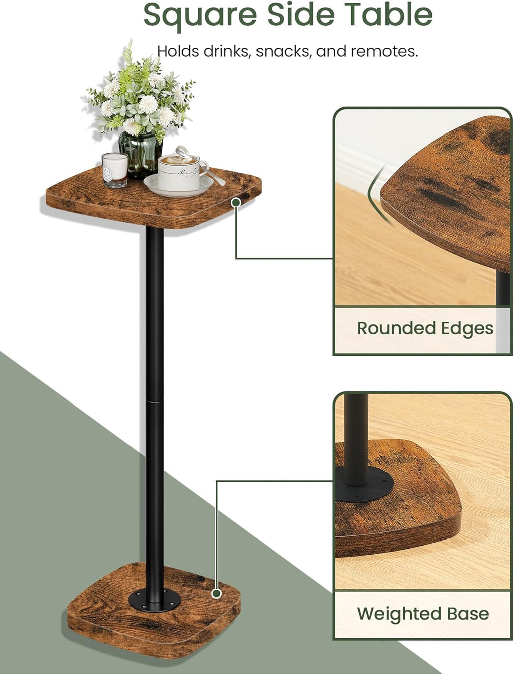 CHOEZON Small Drink Table, Square Side Table for Small Spaces, Martini Table with Pedestal, for Living Room, Bedroom, Rustic Brown and Black TBZ24BF