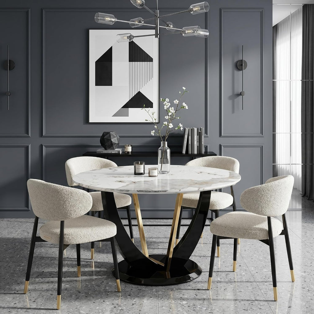 48 Inch Round Dining Table for 4-6, Modern Circle Dining Table with Black & Gold Metal Pedestal Base, Faux Marble Round Kitchen Table, 300 LBS Capacity