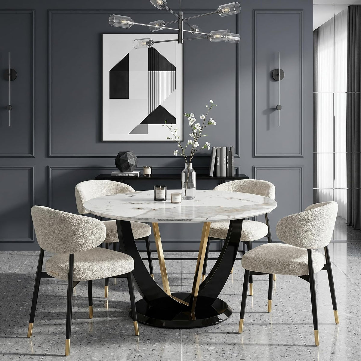48 Inch Round Dining Table for 4-6, Modern Circle Dining Table with Black & Gold Metal Pedestal Base, Faux Marble Round Kitchen Table, 300 LBS Capacity