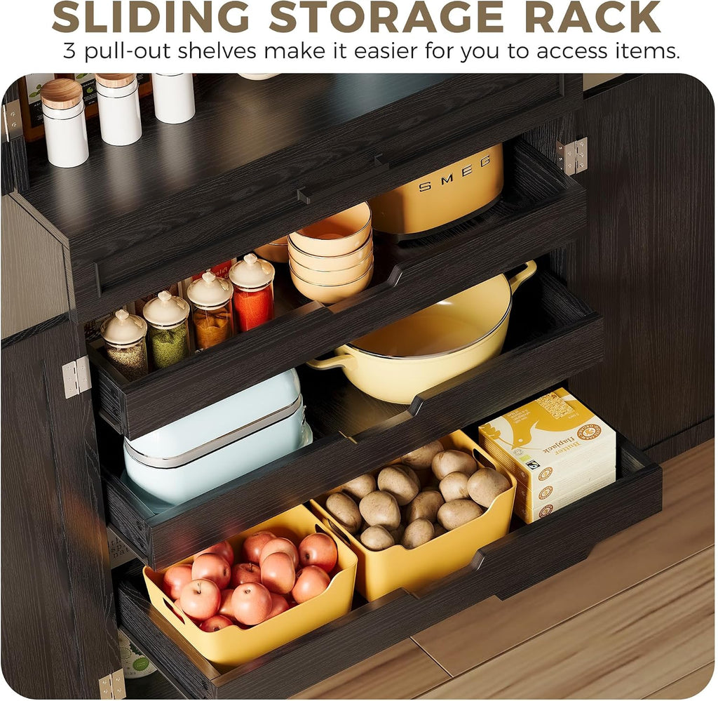 IRONCK 72" Farmhouse Kitchen Pantry Cabinet with Sliding Storage Rack,Black | Tall Freestanding Cupboard with 6 Hanging Shelves for Kitchen, Dining Room
