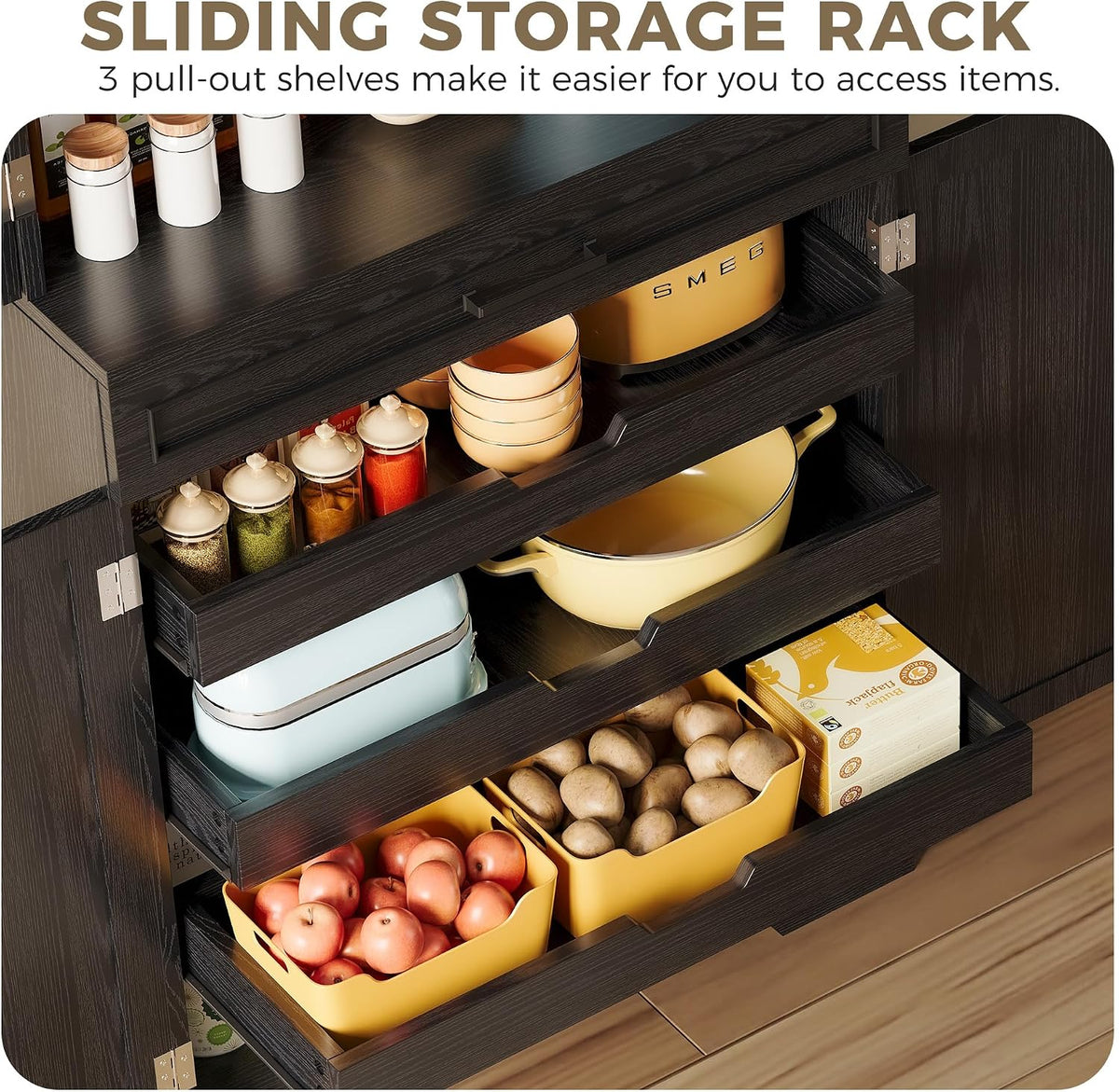 IRONCK 72" Farmhouse Kitchen Pantry Cabinet with Sliding Storage Rack,Black | Tall Freestanding Cupboard with 6 Hanging Shelves for Kitchen, Dining Room