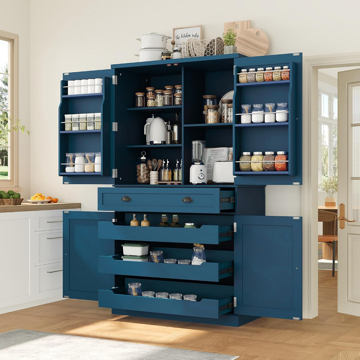 VilroCaz Freestanding 4 Doors Kitchen Pantry, Wood Kitchen Cupboard Storage Cabinet with 6 Door Shelves, Drawer and 3 Pull-Out Trays for Dining Room (Blue-4.14)