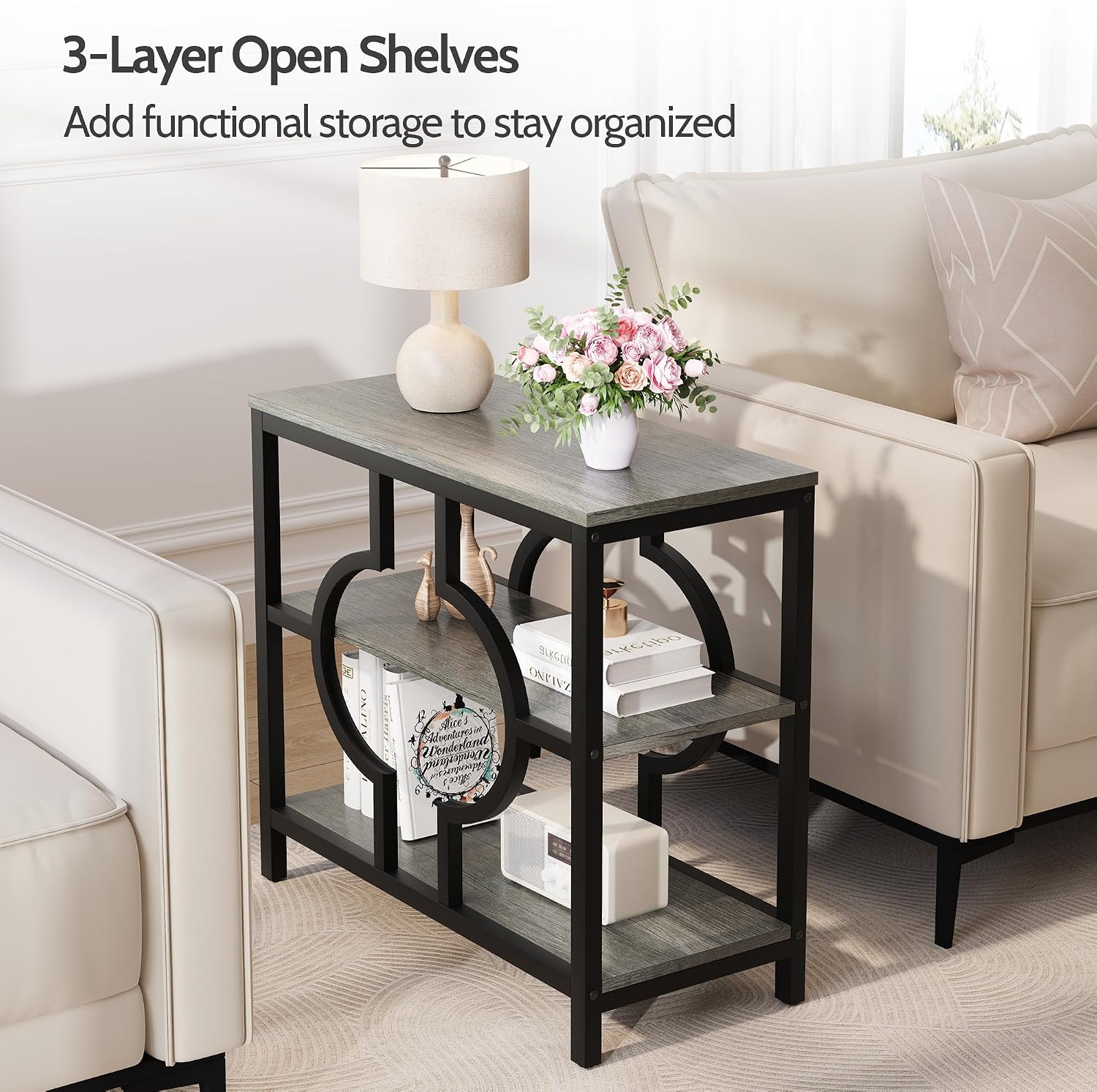 End Table, Narrow Side Table with 3-Tier Storage Shelves, Wood Sofa Side Table with Geometric Metal Frame for Living Room, Industrial Bedside Nightstand for Bedroom (1, Gray)
