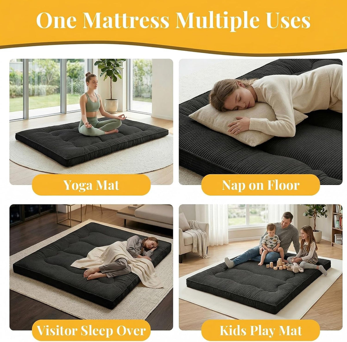 cidludto Japanese Futon Mattress Full Size Foldable, 4" Floor Mattress Futons Sofa Couch Bed for Adults, Thicker Tatami Mat Sleeping Pad, Floor Futons Cushions, Black