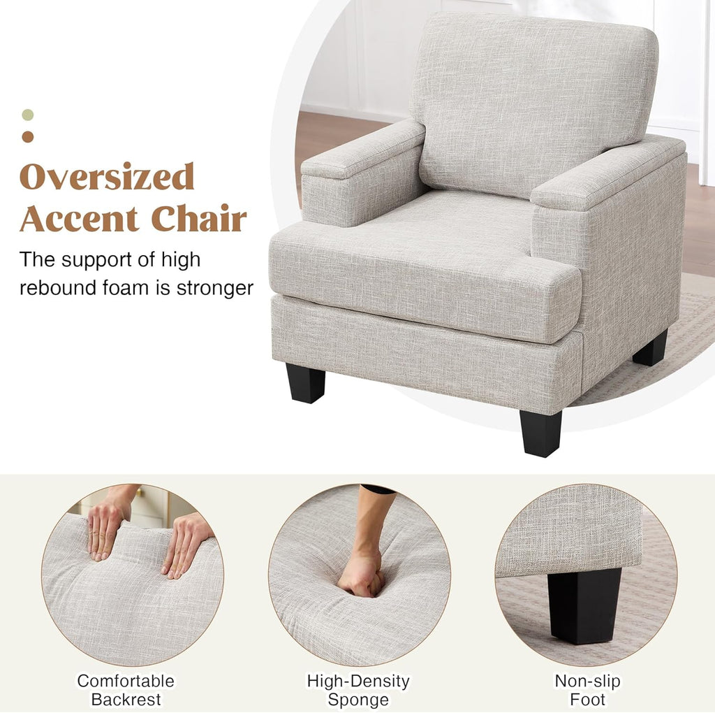 Accent Chairs Set of 2 with Armrest Storage, Modern Reading Living Room Chair, Upholstered Comfy Large Armchairs, Fabric Single Sofa Chair for Bedroom (Beige)