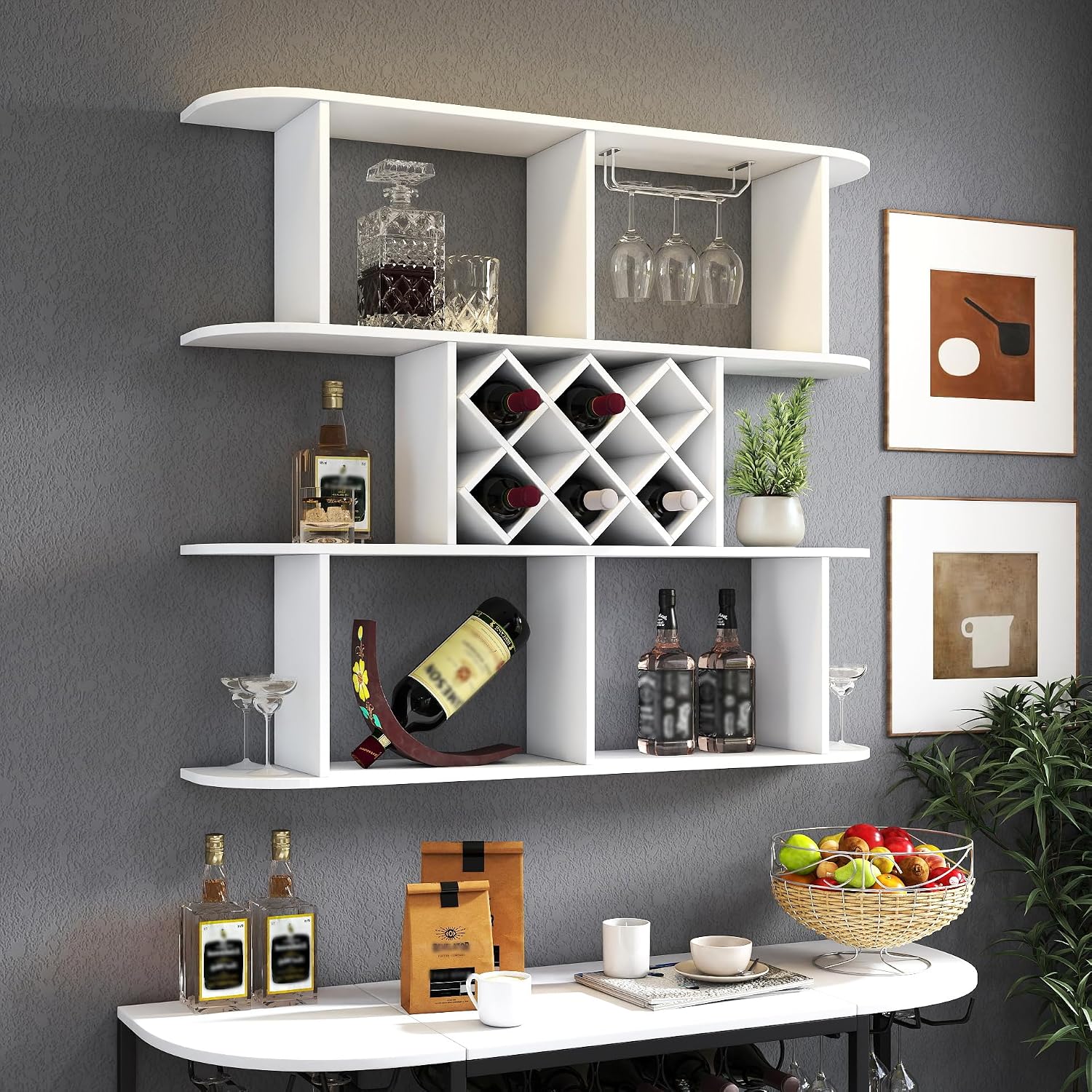 Large Wall Mounted 3 Tier Rustic Bottle Wine Rack - Multifunctional Wooden Wine Rack with Glass Holder for Home Bar & Dining Room Décor,White