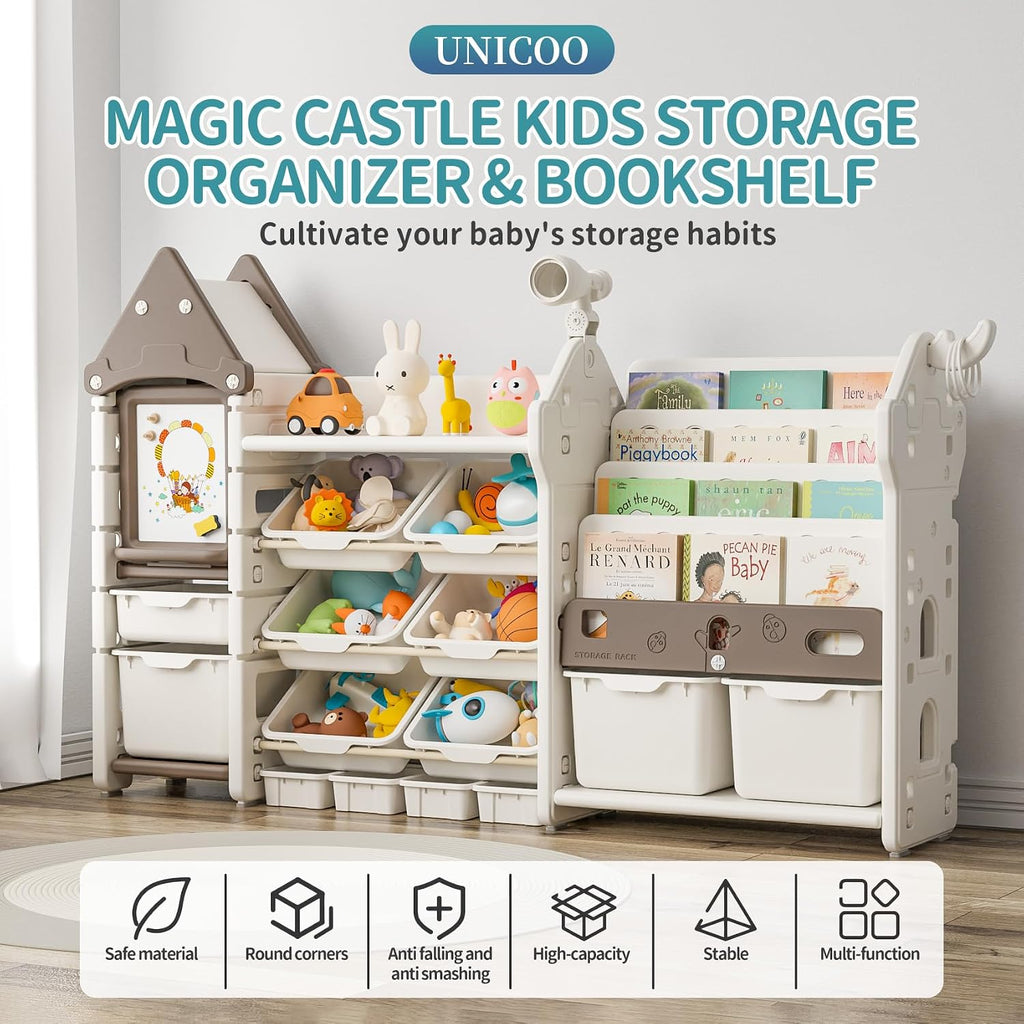 UNICOO Kids Toy Storage Organizer with Bookshelf, 14-Bin Playroom Organizer and Bookcase, HDPE Toddler Storage Shelf with Drawing Board, for Nursery, Bedroom and Playroom (Brown)