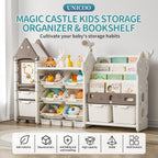 UNICOO Kids Toy Storage Organizer with Bookshelf, 14-Bin Playroom Organizer and Bookcase, HDPE Toddler Storage Shelf with Drawing Board, for Nursery, Bedroom and Playroom (Brown)