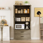 Farmhouse Kitchen Pantry Cabinet with Classic Barn Doors – Freestanding Storage Cabinet with Adjustable Shelves & 2 Large Drawers, Versatile Kitchen Cupboard for Dining Room, Grey