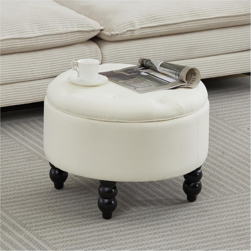24 Inch Round Ottoman with Storage, Tufted Linen Storage Bench for Bedroom, Living Room & Entryway, Modern Upholstered Coffee Table with Wooden Black Legs, Beige