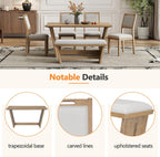 Merax 6-Piece Retro Dining Set, 1 Rectangular Table with Stable Trapezoidal Table Base and 4 Upholstered Chairs and 1 Bench for Dining Room and Kitchen, Natural Wood Wash