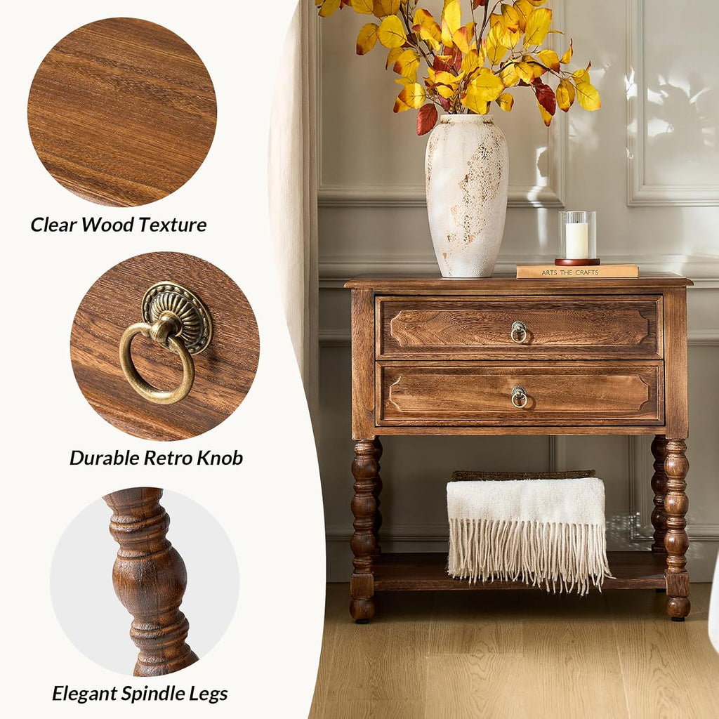 HULALA HOME Farmhouse Storage End Table Set of 2 with 2 Drawers and Open Shelf, Solid Wood Side Table with Spindle Legs, End Table with Charging Station (Walnut)