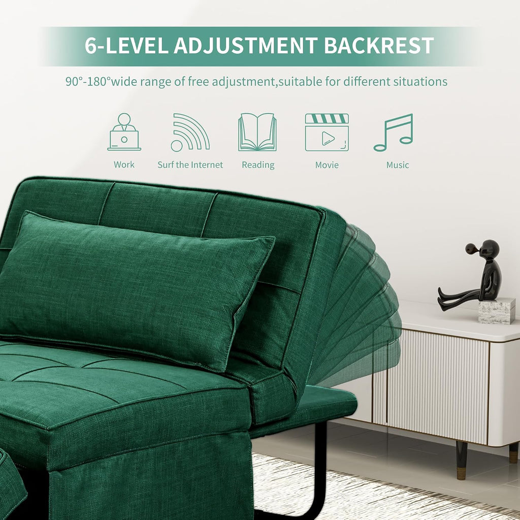 Green Sofa Bed, Convertible Chair 4 in 1 Multi-Function Modern Folding Ottoman Guest Bed with Adjustable Sleeper for Small Room Apartment