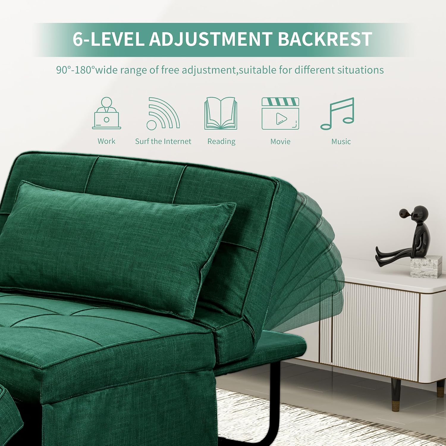 Green Sofa Bed, Convertible Chair 4 in 1 Multi-Function Modern Folding Ottoman Guest Bed with Adjustable Sleeper for Small Room Apartment